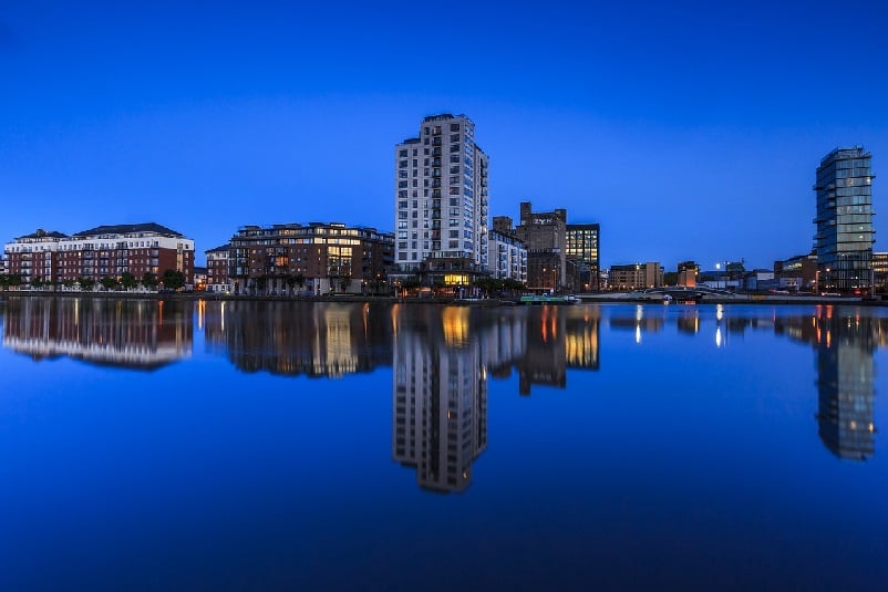 Corporate buildings by waterfront in Dublin, Ireland